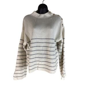 NWT Elie Tahari Cashmere Sweater Ribbed Ivory Gray Stripes Mock Neck L $395